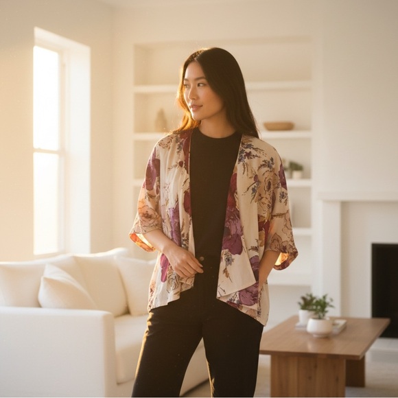 ODILLE x Anthropologie Silk Floral Kimono- Cream and Pink . Women’s Size Medium - Picture 2 of 10